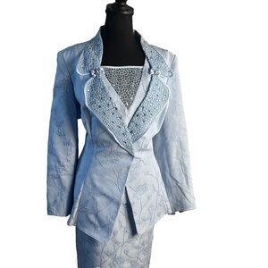 Champagne Italy Women Bead Embellished 3 Pcs Jacket & Skirt Shell Suit Sz 14